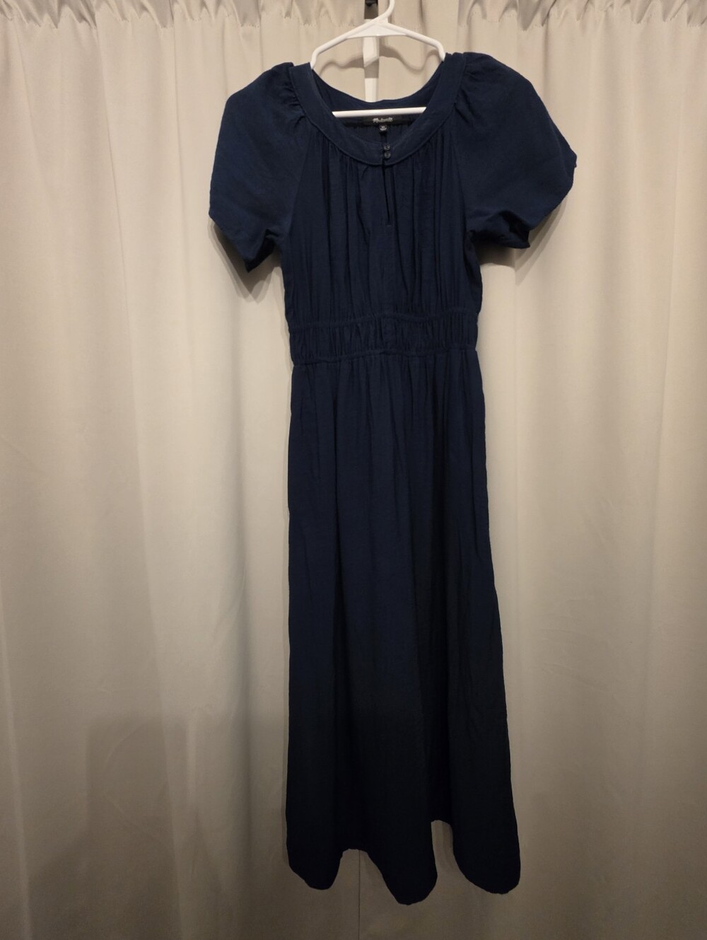 Madewell Navy Smocked Waist Midi Dress Puff Sleeve Button Keyhole XS
